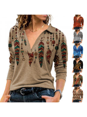 Women Long Sleeve Feather Printed T-shirt Ladies V Neck Casual Blouse Autumn Top