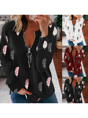 Womens Zipper Feather Print Long Sleeve T-Shirt Ladies Casual Loose Blouse Tops