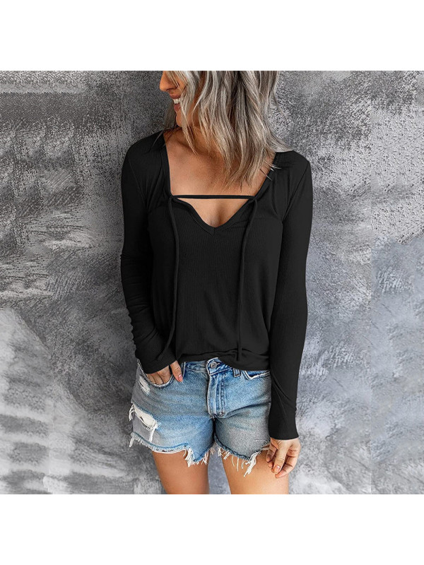 Women Autumn Casual Long Sleeve Drawstring T shirt Ladies V Neck Tee Tops Blouse