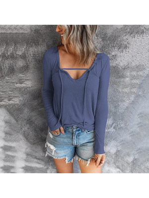 Women Autumn Casual Long Sleeve Drawstring T shirt Ladies V Neck Tee Tops Blouse