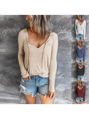 Women Autumn Casual Long Sleeve Drawstring T shirt Ladies V Neck Tee Tops Blouse