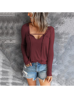 Women Autumn Casual Long Sleeve Drawstring T shirt Ladies V Neck Tee Tops Blouse