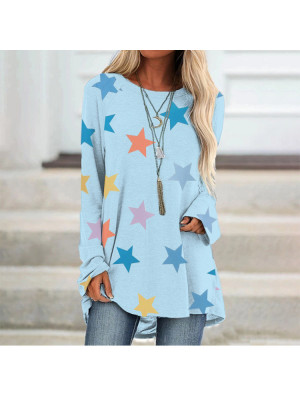 Womens Long Sleeve Star Print Casual T-shirt Ladies Autumn Loose Tee Tops Blouse