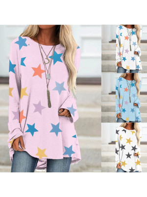 Womens Long Sleeve Star Print Casual T-shirt Ladies Autumn Loose Tee Tops Blouse