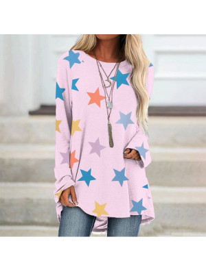 Womens Long Sleeve Star Print Casual T-shirt Ladies Autumn Loose Tee Tops Blouse