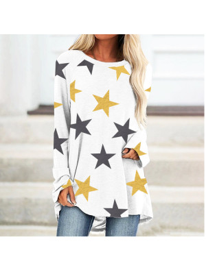 Womens Long Sleeve Star Print Casual T-shirt Ladies Autumn Loose Tee Tops Blouse