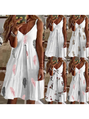 Womens Summer Beach Boho Sundress Ladies Printed V Neck Camisole Dress Plus Size