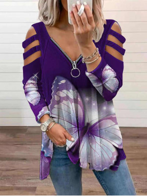 Womens Autumn Casual Long Sleeve T Shirt Ladies Zipper Loose Hollow Blouse Tops