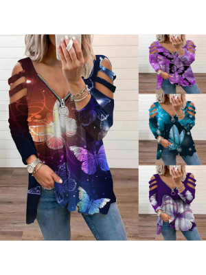 Womens Autumn Casual Long Sleeve T Shirt Ladies Zipper Loose Hollow Blouse Tops