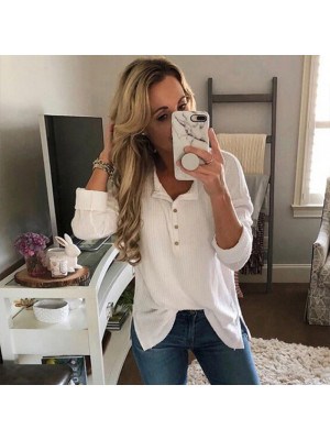 Womens Long Sleeve Casual Tops Blouse Ladies V Neck Loose Slit Button T Shirt