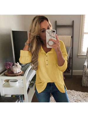 Womens Long Sleeve Casual Tops Blouse Ladies V Neck Loose Slit Button T Shirt