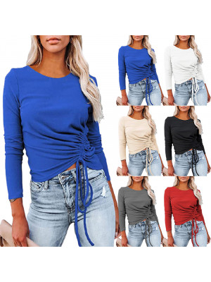 Women Drawstring T-shirt Ladies Crew Neck Long Sleeve Casual Blouse Plain Tops