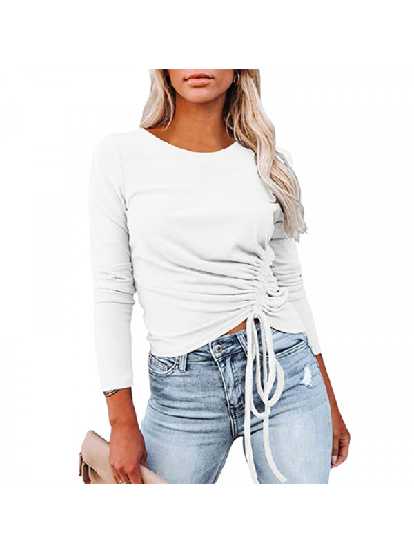 Women Drawstring T-shirt Ladies Crew Neck Long Sleeve Casual Blouse Plain Tops