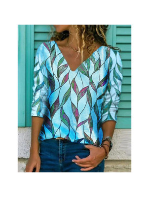 Women Print V Neck Long Sleeve T-Shirt Ladies Autumn Blouse Loose Casual Tops