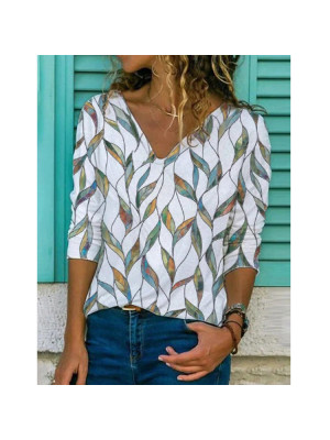 Women Print V Neck Long Sleeve T-Shirt Ladies Autumn Blouse Loose Casual Tops