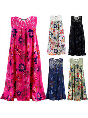 Womens Lace Printing Summer Flowers Ladies Beach Holiday Midi Dresses Sundress