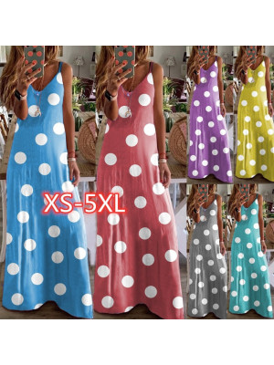 Women Sleeveless Polka Dots Print Long Dress Summer Ladies Beach Party Sundress