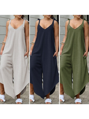 Womens Loose Solid Sling Jumpsuit Playsuit Baggy Overalls Strappy Harem Trousers