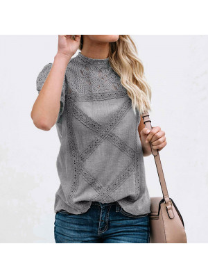 Womens Casual Lace Short Sleeve Round Neck Blouse T Shirt Tee Tops Baggy Summer