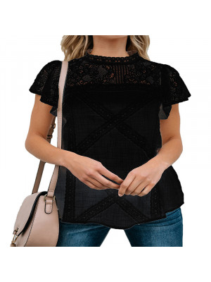 Womens Casual Lace Short Sleeve Round Neck Blouse T Shirt Tee Tops Baggy Summer