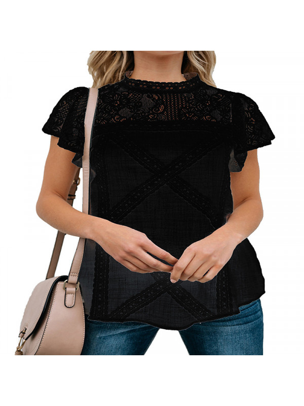 Womens Casual Lace Short Sleeve Round Neck Blouse T Shirt Tee Tops Baggy Summer