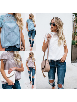 Womens Casual Lace Short Sleeve Round Neck Blouse T Shirt Tee Tops Baggy Summer