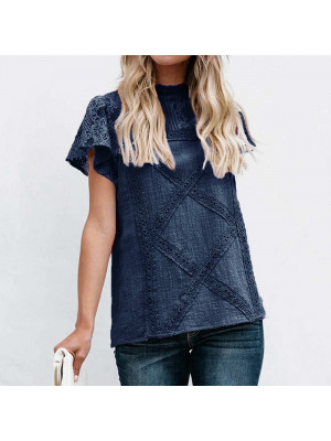 Womens Casual Lace Short Sleeve Round Neck Blouse T Shirt Tee Tops Baggy Summer