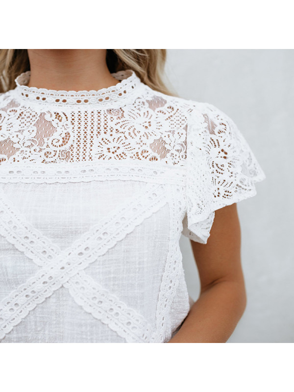 Womens Casual Lace Short Sleeve Round Neck Blouse T Shirt Tee Tops Baggy Summer