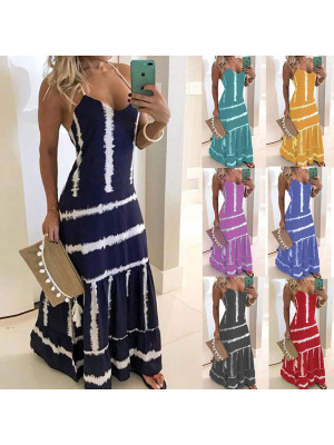 Womens Boho Stripe V Neck Maxi Long Dress Ladies Holiday Beach Swing Sundress 