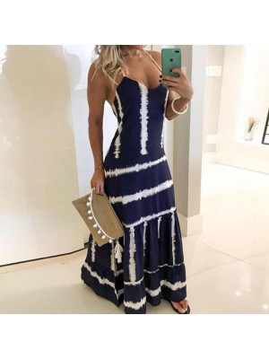 Womens Boho Stripe V Neck Maxi Long Dress Ladies Holiday Beach Swing Sundress 