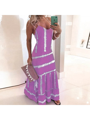 Womens Boho Stripe V Neck Maxi Long Dress Ladies Holiday Beach Swing Sundress 