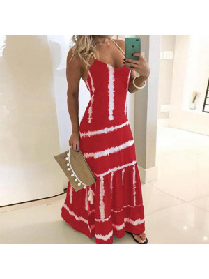 Womens Boho Stripe V Neck Maxi Long Dress Ladies Holiday Beach Swing Sundress 