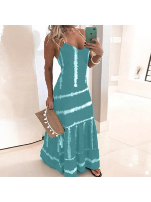 Womens Boho Stripe V Neck Maxi Long Dress Ladies Holiday Beach Swing Sundress 