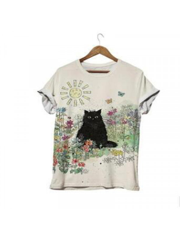 Women Casual Printed Short Sleeve Round Neck Blouse Shirt Tee Tops Summer Cat UK