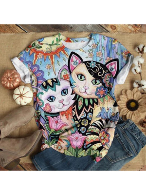 Women Casual Printed Short Sleeve Round Neck Blouse Shirt Tee Tops Summer Cat UK