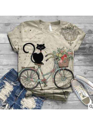 Women Casual Printed Short Sleeve Round Neck Blouse Shirt Tee Tops Summer Cat UK