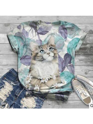 Women Casual Printed Short Sleeve Round Neck Blouse Shirt Tee Tops Summer Cat UK