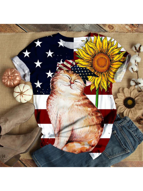 Women Casual Printed Short Sleeve Round Neck Blouse Shirt Tee Tops Summer Cat UK