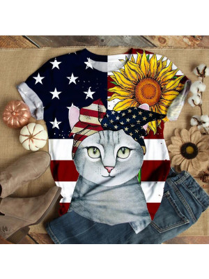 Women Casual Printed Short Sleeve Round Neck Blouse Shirt Tee Tops Summer Cat UK