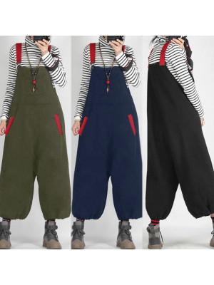 Womens Loose Plain Sling Jumpsuits Playsuits Ladies Casual Long Pants Trousers