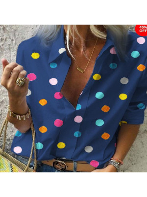 Womens Casual Long Sleeve Lapel Polka Dot Blouse Shirts Tee Tunic Tops Summer UK