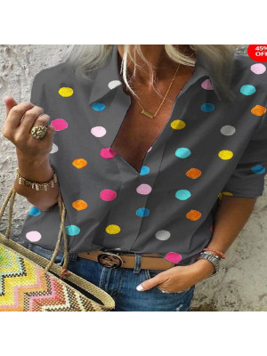 Womens Casual Long Sleeve Lapel Polka Dot Blouse Shirts Tee Tunic Tops Summer UK