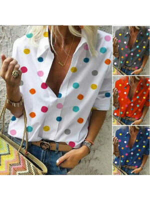 Womens Casual Long Sleeve Lapel Polka Dot Blouse Shirts Tee Tunic Tops Summer UK