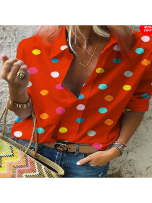 Womens Casual Long Sleeve Lapel Polka Dot Blouse Shirts Tee Tunic Tops Summer UK