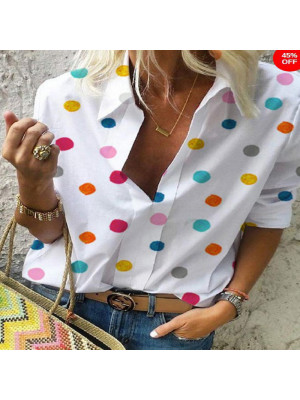 Womens Casual Long Sleeve Lapel Polka Dot Blouse Shirts Tee Tunic Tops Summer UK