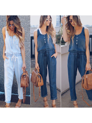 Womens Casual Loose Overalls Ladies Jumpsuit Buttons Playsuit Trousers Jeans UK