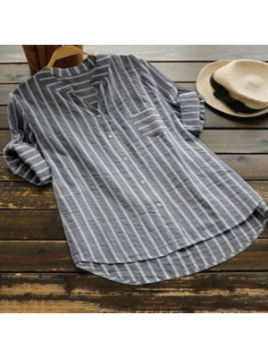 Womens Summer Stripe T Shirts Long Sleeve V Neck Blouse Pullover Casual Tops UK