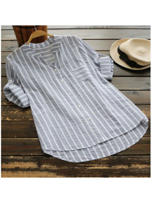 Womens Summer Stripe T Shirts Long Sleeve V Neck Blouse Pullover Casual Tops UK