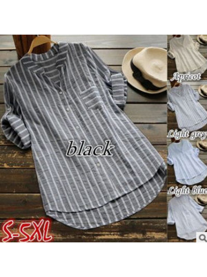 Womens Summer Stripe T Shirts Long Sleeve V Neck Blouse Pullover Casual Tops UK