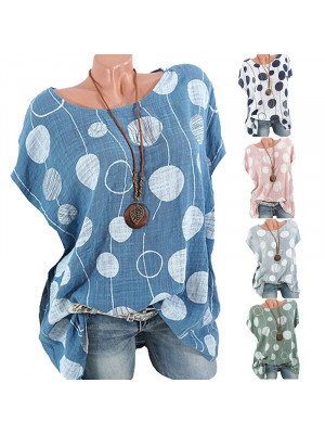 Women Summer Polka Dot Casual Shirt Loose Blouse Long Sleeve Tee Round Neck Tops